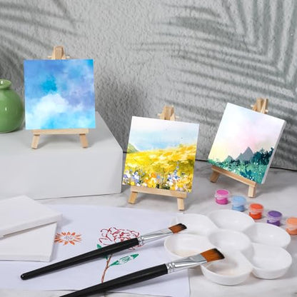 32 Pcs Mini Canvas with Easel Sets, 4 x 4 Inch Mini Square Canvases for Painting Small Blank Art Canvas with Wooden Easels for Acrylic Painting, Oil Paint for Adults, Kids, Crafts
