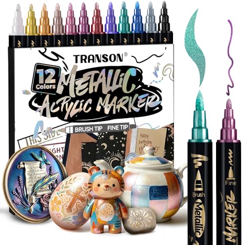 TRANSON 12Colors Metallic Paint Markers Brush and Fine Dual-tip for Rock Wood Ceramic Canvas DIY Painting Drawing - color: 12 Metallic Colors