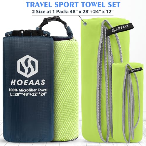 HOEAAS 2 Pack Microfiber Camping Towels, Quick Dry Towel, Super Absorbent Ultra Compact Travel Towel Soft Lightweight Sports Towel for Sweat Fast Drying Towels for Pool,Gym,Hiking,Backpacking,Fitness - color: Green, size: L: 48" x 28"+24" x 12"