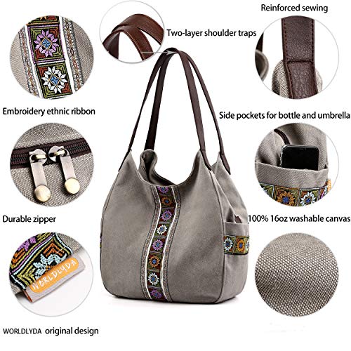 Worldlyda Women Canvas Hobo Purse Multi Pocket Tote Shopper Shoulder Bag Casual Top Handle handbag with Embroidery Ethnic - color: Light Grey