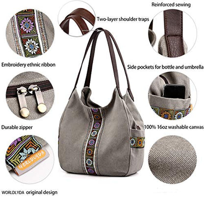 Worldlyda Women Canvas Hobo Purse Multi Pocket Tote Shopper Shoulder Bag Casual Top Handle handbag with Embroidery Ethnic - color: Light Grey