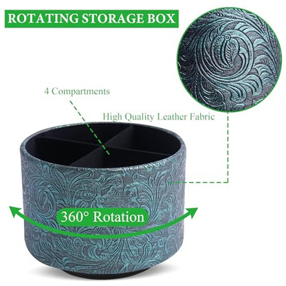 Round Leather Art Supply Organizer,Remote Control Holder,360 Degree Spinning,Multi-Functional Pencil Holder,4 Compartments Desktop Stationary Organizer(1-Carved Metal Green3) - color: 1-Carved Metal Green3