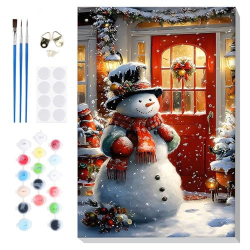 Bowetile Christmas Paint by Numbers for Adults Beginners Framed, Adults' Paint-by-Number Snowman Kits on Canvas, Acrylic Number Painting Christmas Gifts for Home Decor, 8x12in - color: Snowman-02