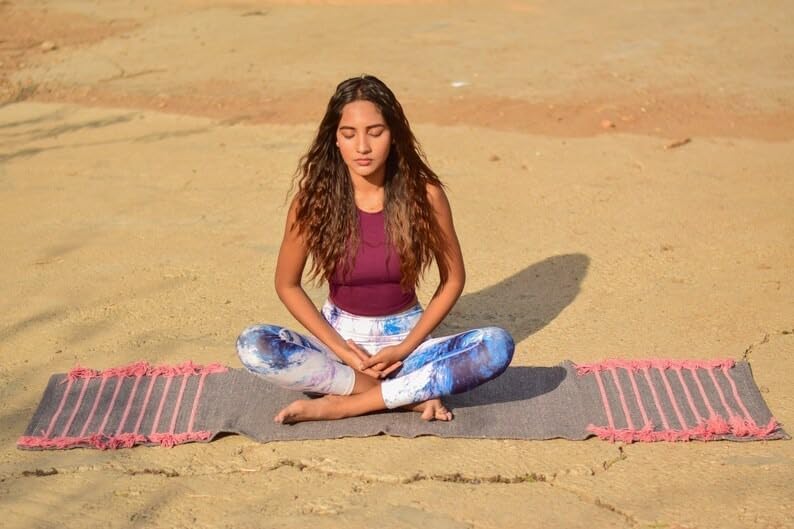 Indian Handmade100 % Organic Anti Skid Multi Colour Cotton Yoga Mat - Eco-Friendly Hand-Woven Rug - Non-Slip & Thick (24”x72”x5mm) for Hot yoga & Everyday Fitness at Home - Comfortable & Foldable Extra-Long Mat - color: Multi 11