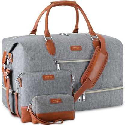 ITIEZY Weekender Bag for Women 21.5" Travel Duffel Large Carry On Bag 3PCS | Nylon Duffel Bag with Waterproof Shoe Compartment, Crossbody Bag and Toiletry Bag, Travel Weekend Hospital Overnight Gym Bag - color: 1-Grey