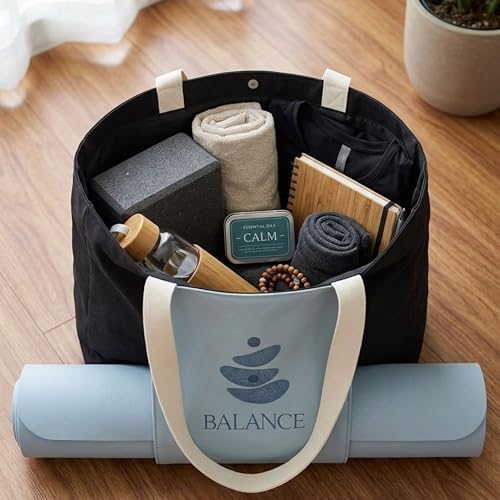 Large Canvas Yoga Tote Bag with Yoga Mats Bags Carrier Dark Gray Eco Friendly Cotton Shoulder Bag for Pilates, Gym, Beach, Groceries & Travel YG08