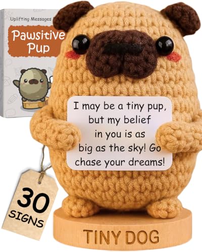 Dog lover Gifts for Women - Handmade Positive Crochet Animal W/ 30 Uplifting Signs - Funny Birthday Gifts for Dog Mom, Cute Present Idea for Women for Christmas, Emotional Support Office Desk Decor - color: Pup