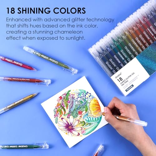 Grabie Set of 18 Color Jumbo Glitter Gel Pens, Metallic Sparkling | Extra Long Writing Life, Rich Glitter Effects, Smooth Ink Flow, Comfortable Grip, Creative Projects, Journaling - color: 18 Colors Jumbo Glitter Gel Ink Pens