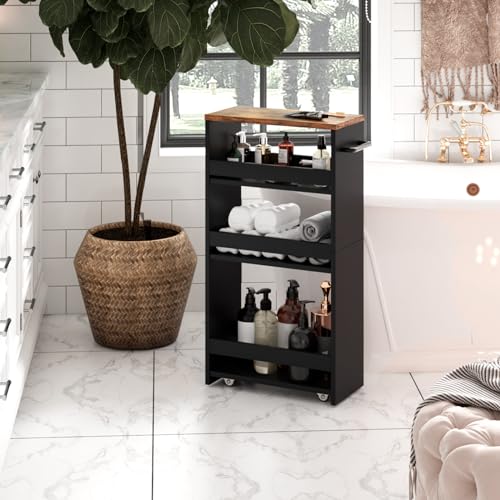 TEAMIX Slim Rolling Storage Cart, Wood 4-Tier Narrow Kitchen/Laundry Cart - color: Black+brown, size: 7-7/8'' W