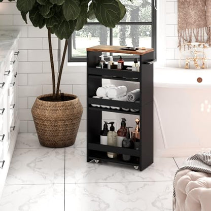 TEAMIX Slim Rolling Storage Cart, Wood 4-Tier Narrow Kitchen/Laundry Cart - color: Black+brown, size: 7-7/8'' W