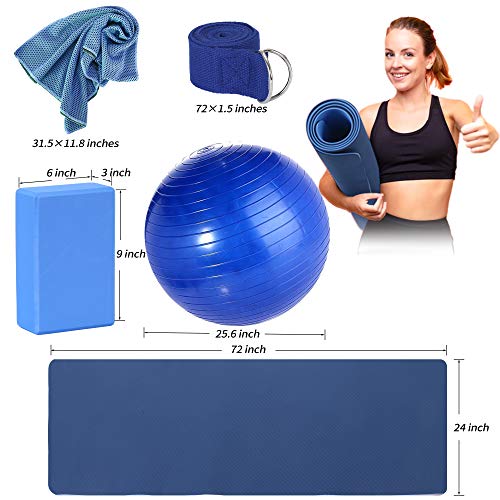 Yoga Starter Kit - 11-Piece Set with Yoga Blocks, Strap, Ball, Mat, Carrying Strap, Net Bag, Cooling Towel - color: Blue