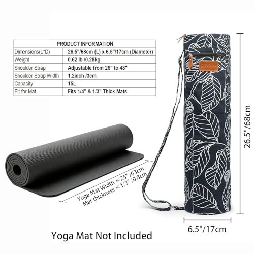 Yoga Mat Bag for Women & Men, Full-Zip Canvas Pilates Bag with Pockets | Lightweight Yoga Mat Carrier with Adjustable Shoulder Strap, Fits 1/4 & 1/3 Inch Thick Mats, for Studio Gym Travel Workout - color: Navy Blue Leaf