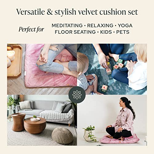 Mindful Modern Meditation Cushion and Zabuton Mat Bundle - Premium Luxury Velvet Zafu Floor Pillow and Rectangular Mat - Blush Pink Color