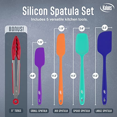 Kaluns Silicone Spatula Set, 4 Rubber Spatulas 600°F Heat Resistant, Nonstick Seamless Design with Stainless Steel Core, Dishwasher Safe, BPA free, Bonus Tongs Included - color: 4 Pcs + Tongs Mixed Colors