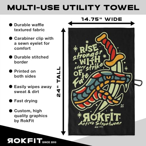 RokFit Gym & Golf Towel – Multi-Use, Quick-Dry, Durable Utility Towel with Bold Graphic and Carabiner Clip (Rise Stronger, Strike of Fate) - color: Rise Stronger With Every Strike of Fate