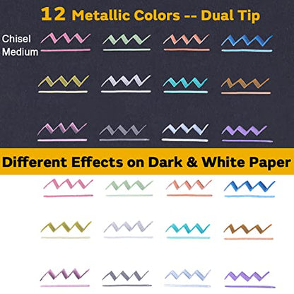 Sunshilor Metallic Markers Calligraphy Metallic Marker Pens Dual Tip Chisel and Medium Point Pens for Black Paper, Rock Painting, Easter Egg, Halloween Pumpkin, Card Making, Metal, Ceramic, Wine Glass - style: Dual Tip