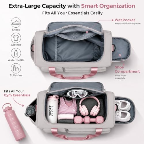 FIORETTO Women's Gym Duffle Bag with Shoes Compartment, 30L Capacity, Ideal for Travel, Gym, Sports, Duffel, Weekender - color: Grey & Pink, style: Gym Bag