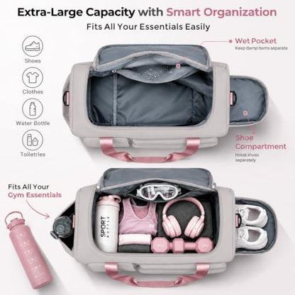 FIORETTO Women's Gym Duffle Bag with Shoes Compartment, 30L Capacity, Ideal for Travel, Gym, Sports, Duffel, Weekender - color: Grey & Pink, style: Gym Bag
