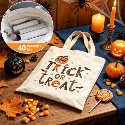 Canvas Tote Bag with Zipper for Women, Halloween Trick or Treat Bags Bulk | 13.8" x 15.3" Fashionable Two-Tone Cotton Tote Bag for Crafts, DIY Your Creative Designs - color: [A0] Halloween - Beige