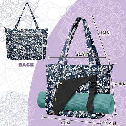 Yoga Bag for Women, Large Canvas Yoga Mat Tote Bag with Yoga Mat Carrier | Large Mat Pocket Fitness Tote for Pilates, Gym, Travel, Office & Beach - color: Blue Flowers