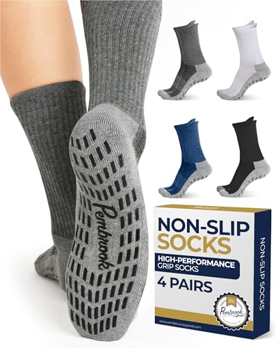 Pembrook Non Slip Crew Grip Socks Men & Women - 4 Pairs | Non Slip Socks for Elderly, Hospital, Pilates, Yoga, Barre, Home - color: Black, White, Gray, Navy - 4 Pairs, size: Medium