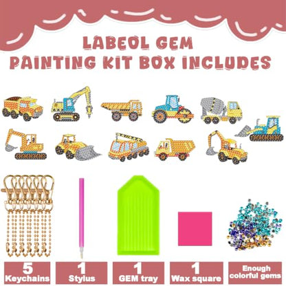 Labeol Arts and Crafts for Kids - Creat Your Own GEM Keychains-5D Diamond Painting by Numbers GEM Kits for Kids Girls Toddler Age 6-7 6-8 10-12 - style: Engineering Vehicles