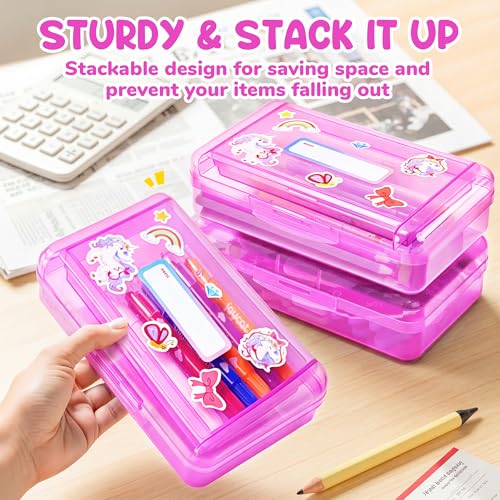 GAMENOTE Plastic Pencil Box with Personalized Sticker,Kid Hard Pencil Case with Snap-tight Lid,Small Art Craft Storage Containers,School Supplies Box for Boys,Girls (Double-Layer Purple) - color: Double-Layer Purple