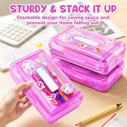 GAMENOTE Plastic Pencil Box with Personalized Sticker,Kid Hard Pencil Case with Snap-tight Lid,Small Art Craft Storage Containers,School Supplies Box for Boys,Girls (Double-Layer Purple) - color: Double-Layer Purple