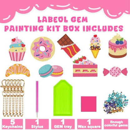 Labeol Arts and Crafts for Kids - Creat Your Own GEM Keychains-5D Diamond Painting by Numbers GEM Kits for Kids Girls Toddler Age 6-7 6-8 10-12 - style: Dessert