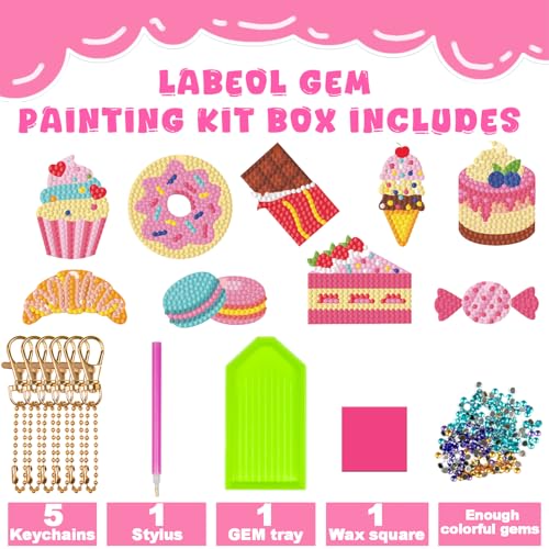 Labeol Arts and Crafts for Kids - Creat Your Own GEM Keychains-5D Diamond Painting by Numbers GEM Kits for Kids Girls Toddler Age 6-7 6-8 10-12 - style: Dessert