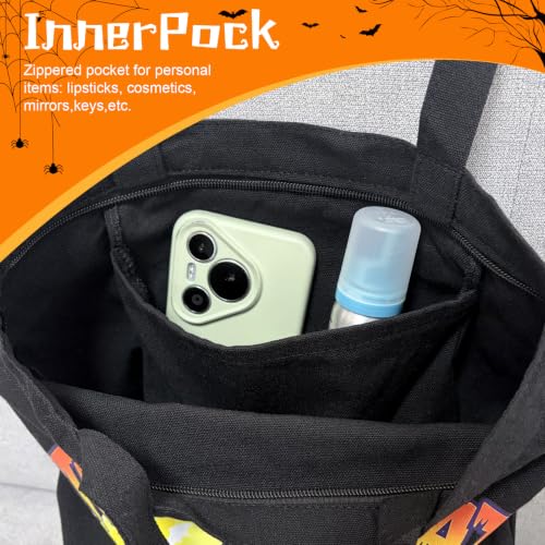 Canvas Tote Bag with Zipper for Women, Halloween Trick or Treat Bags Bulk | 13.8" x 15.3" Fashionable Two-Tone Cotton Tote Bag for Crafts, DIY Your Creative Designs - color: [A0] Halloween - Black