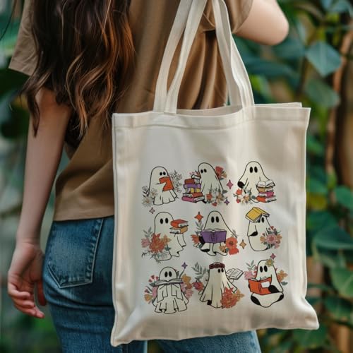 Canvas Bag for Women Grocery Shopping Travel Gym Weekender Vacation Womens Work Tote Bag Gifts - color: Flowers Ghost Book