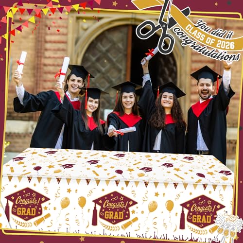 Kinlop 3 Pcs Graduation Tablecloths Class of 2026 Graduation Party Decoration Supplies 51" x 108" Plastic Congrats Grad Table Covers Disposable Graduate Tablecloths(Maroon, Gold) - color: Maroon, Gold