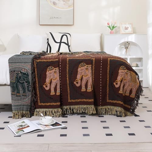 Elephant Pattern Cotton Boho Throw Blanket for Bed with Tassels 80"×90" - color: Brown Elephant, size: 80"x90"