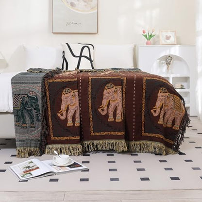 Elephant Pattern Cotton Boho Throw Blanket for Bed with Tassels 80"×90" - color: Brown Elephant, size: 80"x90"