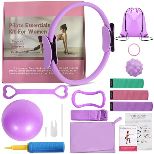 Pilates Ring Set with Resistance Bands– Anti-Slip Magic Circle Pilates Ring for Home Workouts, Full-Body Toning, Strength Training for Women 14PCS - color: Purple