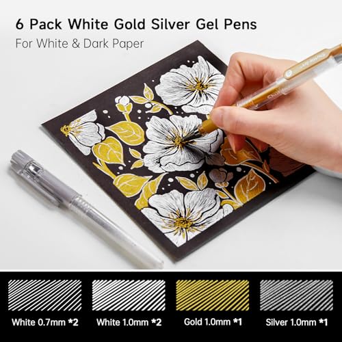 Shuttle Art White Gold Silver Gel Pens, 6 Pack 0.7mm, 1.0mm Metallic Gel Ink Pens Fine Point for Black Paper Highlighting Card Making Scrapbooking Coloring Writing Drawing School Office Home - color: 4 White, 1 Gold, 1 Silver
