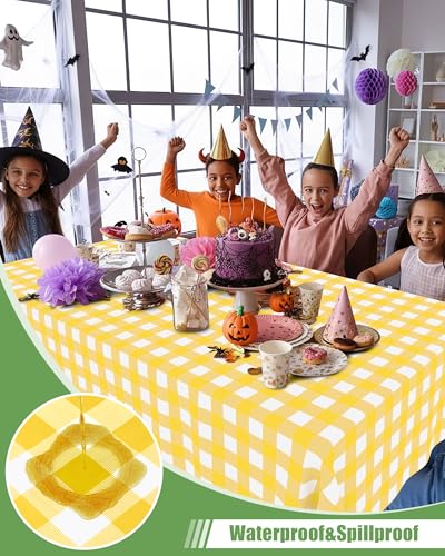 Smiry 8 Packs Gingham Disposable Table Cloth, 54 x 108 Inch Waterproof Plastic Tablecloth, Rectangle Yellow and White Checkered Table Covers for Picnic, Birthday, Party - color: Yellow and White, size: 54"x108" (Pack of 8)