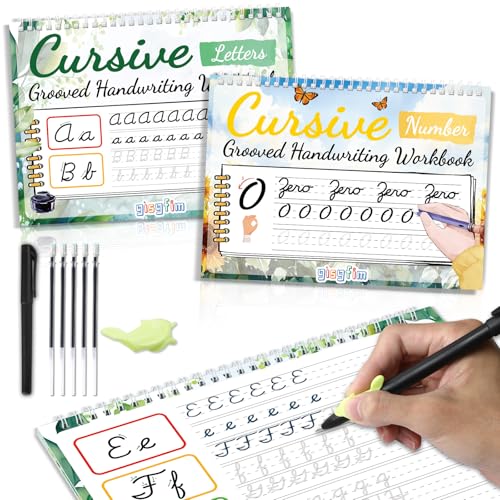 gisgfim 2 Pack Grooved Cursive Handwriting Workbook Magic Grooved Cursive Reusable Handwriting Practice Tracing with Disappearing Ink Pens for Kids Learning Activities Supplies (Letters&Number) - style: Letters+Numbers