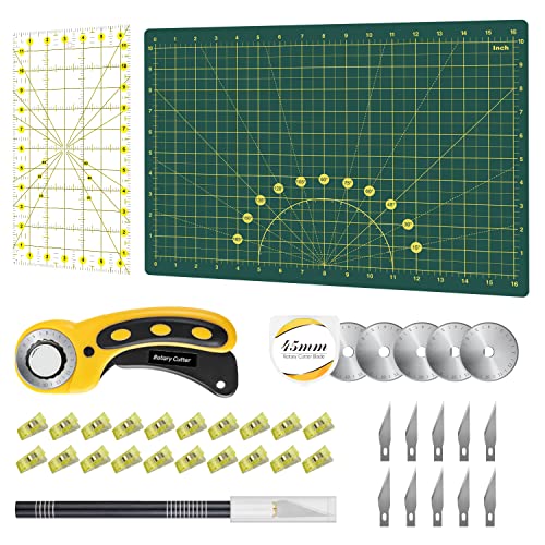 Rotary Cutter Set - 45mm Fabric Cutter, 5 Extra Rotary Blades, A3 Cutting Mat, Quilting Ruler and Sewing Clips, Craft Knife Set, Ideal for Crafting, Sewing, Scrapbooking, Patchworking - color: Green, size: A3 Rotary Cutter Set