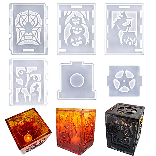 Christmas Halloween Lantern Resin Mold Set, Halloween Silicone Epoxy Molds | 3D Candle Holder Casting Molds with Ghost Pumpkin Witch Spider Pattern, DIY Holiday Home Decoration Resin Crafts Gift