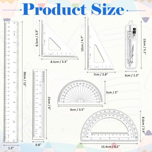 Coopay 7 Pcs Geometry Kit with Ruler, Triangle Ruler, Protractor and Compass Set | 12'' & 6'' Straight Rulers, 45°/60°Triangle Ruler, 6" & 4" Protractors, Compass, Geometry, Drafting, Math, School, Office - size: 7 Pcs set