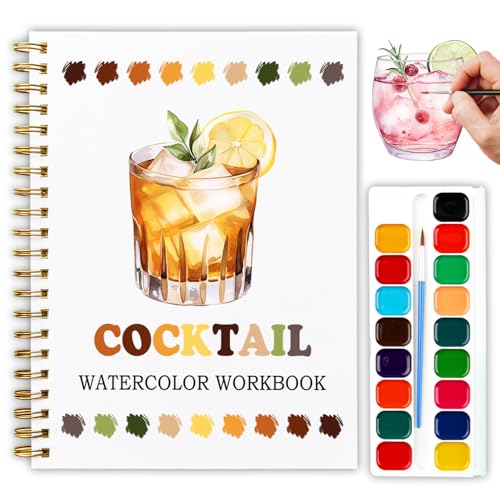 Cocktail Watercolor Workbook, Water Coloring Book, 12 Patterns, Watercolor Kit for Beginners, Relaxing DIY Art Gift for Women and Adults, Happy Hour Themed Watercolor Kit - color: Yellow-Cocktail