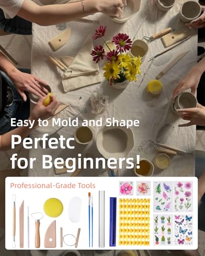 Air Dry Clay Kit for Adults, Pottery Kit for Beginners, 48 PCS Clay Kit with Acrylic Paints, Stamps, Sculpting Tools & Step-by-Step Guide - Crafts for Birthdays Xmas Gift & Decor