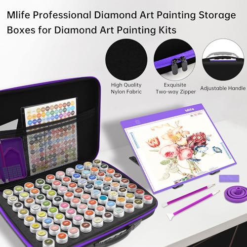 Mlife Diamond Art Painting Storage Boxes,1 Diamond Painting A4 Light Box Tracing Light Board with 3 Brightness, 80 Slots Bead Storage with 5D Diamond Art Accessories and Tools Kit（Purple） - color: purple