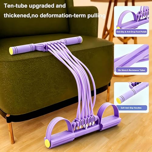 3-in-1 Pedal Resistance Band with Handles,10-Tube Multi-Functional Pedal Resistance Band,Natural Rubber Tension Rope for Abs,Arms,Waist,Legs & Home Fitness - color: Purple
