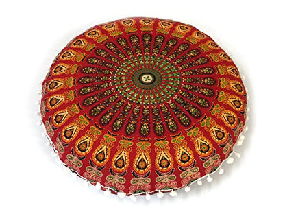 CRAFT KALA 32" Large Round Bohemian Floor Pillow Cover Boho Pouf Cover Mandala Meditation Room Pillows Cover Adults Seating Poufs Cushion Cover for Kids Reading Playroom Red Mirchi - color: Red Mirchi