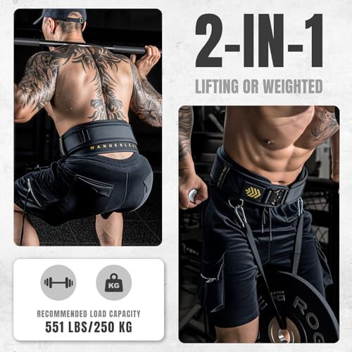 MANUEKLEAR 2-in-1 Weightlifting Belt & Dip Belt with 36.7 IN Rope, Double-Layer Weight Lifting Belts, Powerlifting Gym Weighted Belt for Pull Up Squat - color: Midnight Black, size: M(30-33in)