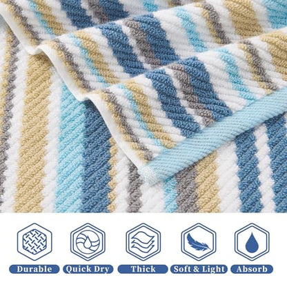 VOOVA & MOVAS Bath Towels 4 Pack, 100% Cotton, 28x52 in, Blue Gray Beige - color: Blue + Gray + Beige Striped, size: 4 PC Bath Towels (28"x52")