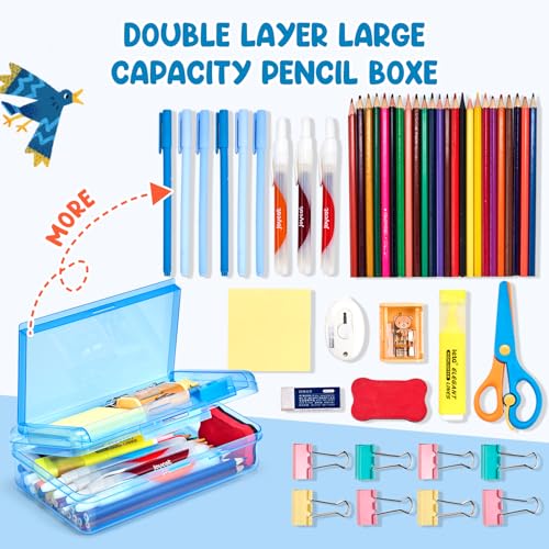 GAMENOTE Plastic Pencil Box with Personalized Sticker,Kid Hard Pencil Case with Snap-tight Lid,Small Art Craft Storage Containers,School Supplies Box for Boys,Girls (Double-Layer Blue) - color: Double-Layer Blue